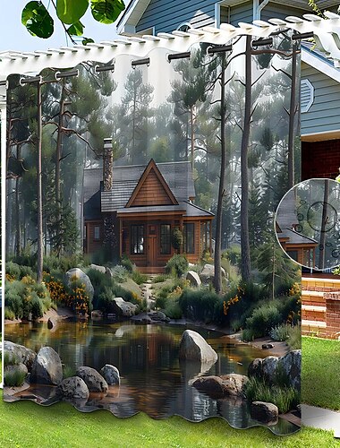  Wasserdichter Outdoor Vorhang Sichtschutzvorhang für den Außenbereich, Schiebevorhänge für die Terrasse, Pergola-Vorhänge mit Ösen, 3D-Haus am See für Pavillon, Balkon, Veranda, Party, 1 Panel