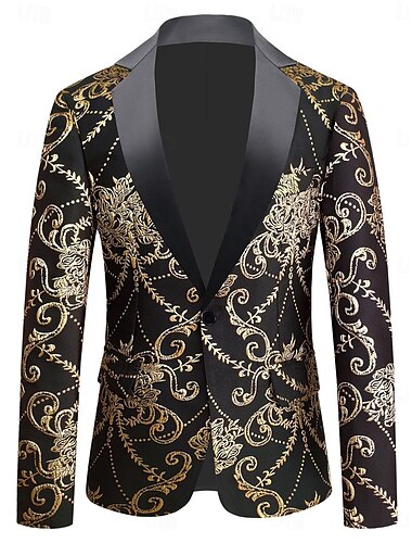  Zwart Gouden Heren Print Blazer Mode Bloem Jacquard Blazer Feest Luxe Blazer Jas Reguliere Standaard Pasvorm Enkele Knoop