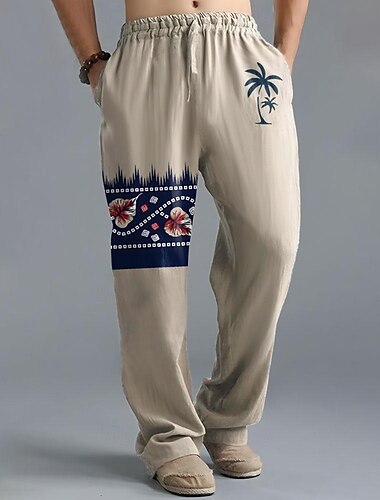  Herren Blatt Kokospalme Pflanzen Leinenhosen Hose Baggy-Hosen Mittlere Taille Urlaub Hawaiianisch Ethno-Stil Outdoor Streetwear Elastischer Bund Frühling & Herbst Herbst Winter Grün Beige Leicht Blau