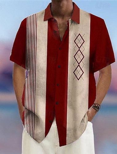  Herr Randig Geometriska mönster Geometri Skjorta Bowlingskjorta Knapp upp skjorta Kortärmad Mode Streetwear Designer Gata Dagligen Utekväll Sommar Vår Nedvikt Mönster Aprikos Vin Blå Grå