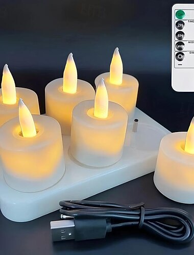  6 velas LED recargables sin llama: luces de té votivas que funcionan con pilas para decoraciones de calabaza, día de San Valentín, Acción de Gracias y bodas.