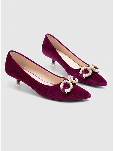  Zapatos de tacón de gatito de terciopelo burdeos para mujer con lazo de perlas: zapatos de vestir elegantes para fiestas, bodas y eventos especiales