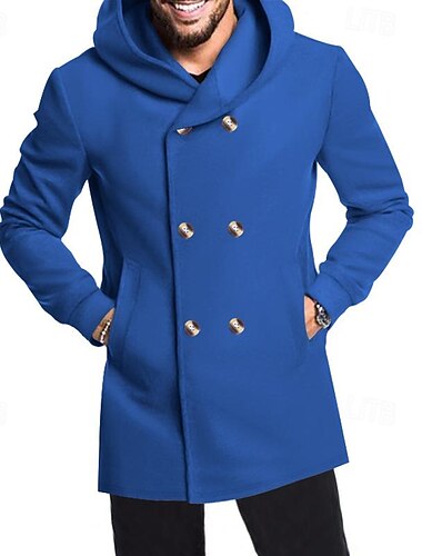  Herren Peacoat Trenchcoat Täglich Urlaub Herbst Winter Polyester Weich Oberbekleidung Bekleidung Modisch Klassisch Glatt Tasche Mit Kapuze Doppelreihiger Verschluss
