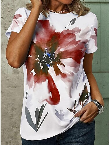  Damen T-Shirt stylisch lässig Print Kurzarm normale Oberteile Rundhalsausschnitt Alltag weiß rot grün Sommer