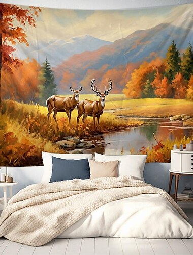  Autunno Foresta Dei Cervi Appeso Arazzo Arte Della Parete Grande Arazzo Decorazione Murale Fotografia Sfondo Coperta Tenda Casa Camera Da Letto Soggiorno Decorazione
