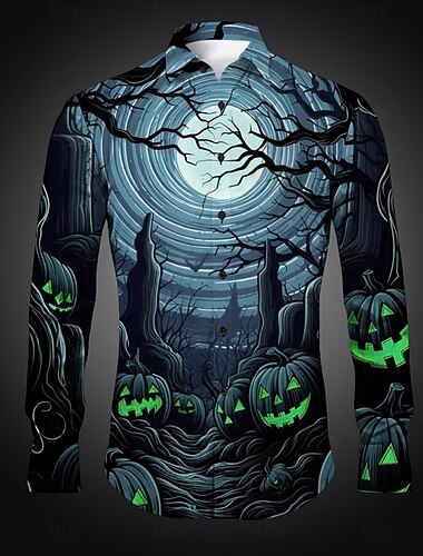 Halloween Zucca Smorfia Orrore Scuro Per uomo Camicia Camicia con bottoni Manica lunga Da sera Autunno Inverno Primavera estate Collo ripiegabile Colletto Abbottonare Stampa 3D Sottile Nero Rosso Blu