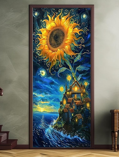  tournesol peinture à l'huile style porte couvre porte tapisserie porte rideau décoration toile de fond porte bannière pour porte d'entrée ferme vacances fête décor fournitures