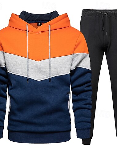  Voor heren Trui met capuchon Trainingspak sweatsuit Wit Wijn Oranje Groen Capuchon Kleurenblok Lapwerk 2-stuks Sport & Outdoor Dagelijks Feestdagen Streetwear Basic Casual Lente & Herfst Kleding