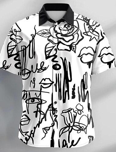  Per uomo Graffiti Camicia Camicia con bottoni Manica corta Informale Da mare Giornaliero Estate Collo ripiegabile Camicie con colletto Abbottonare Stampa 3D Nero Bianco