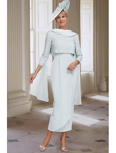  Robe fourreau deux pièces pour la mère de la mariée élégante col bijou longueur thé en chiffon manches 3/4 avec couleur unie 2025 taille personnalisée gratuite