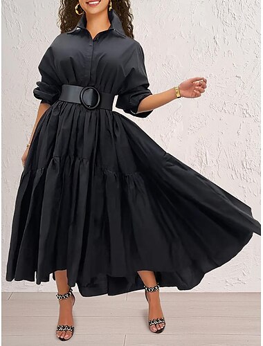 robe noire Robe chemise Femme Robe Maxi A Volants Soirée Travail basique Grande occasion Col de Chemise manche longue Standard Noir Blanche Bleu S M L XL 2XL