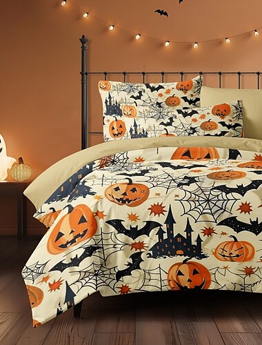  halloween beige dynetrekk sett - bedårende gresskartrykk for å dekorere soverommet ditt - inkluderer dynetrekk og putevar - mykt og koselig stoff - perfekt for å legge festlig sjarm til rommet ditt