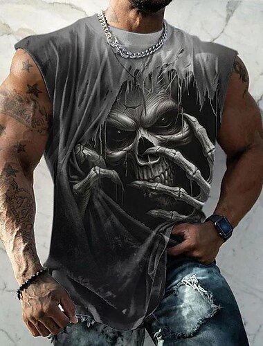  男性用 スカル Tシャツ ノースリーブ Tシャツ 3Dプリント クルーネック シャツ ファッション 日常 パーティー ストリート ブラック 夏 春 衣類 S M L XL XXL XXXL