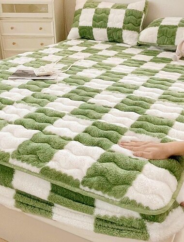  Karierter Matratzenbezug aus Milchsamt, Bettlaken aus Milchsamt, Spannbettlaken aus Samt in Queen-Size, luxuriöser Matratzenbezug aus Milchsamt, dickes Spannbettlaken aus Samt in Queen-Size