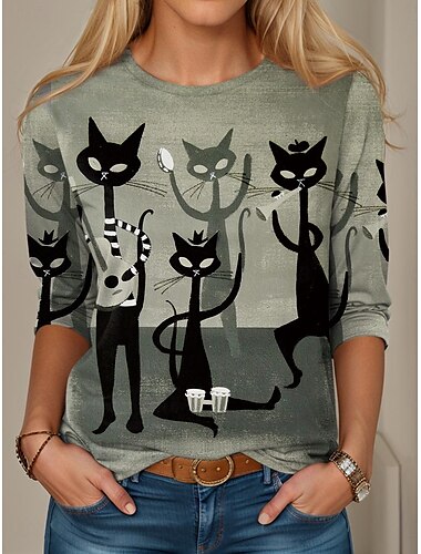  Damen T Shirt Katze Lässig Langarm Rundhals Normale Oberteile Täglich Druck Grün Frühling Herbst