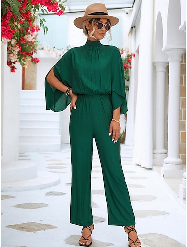  Mujer Normal Mono Elegante Color sólido Manga 3/4 Manga Murciélago Perneras anchas Cuello Alto Plisado Trabajo Holgado Negro Verde Trébol Verano