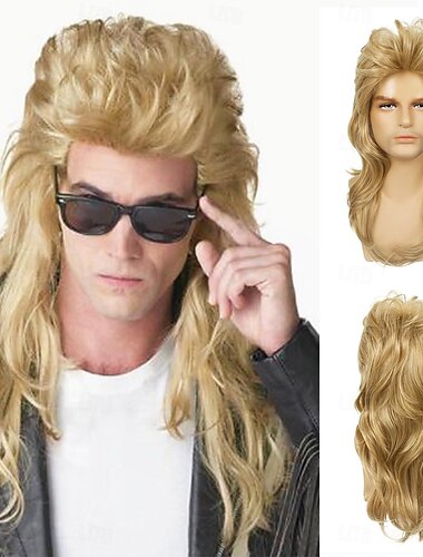  Mullet Perücke für Männer 70er 80er Kostüm Fantasie Party Perücke lange blonde lockige Punk Rocker Perücke synthetische Karneval Kostüme Perücken für männliche Guys Halloween Perücken