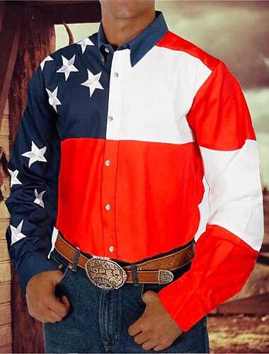  Herren Amerikanische Flagge Westernhemd Knopfhemd Cowboy-Shirt Langarm westlicher Stil Täglich Umlegekragen Hemden mit Kragen 3D-Druck Vordertasche Schwarz Weiß Rote Blau