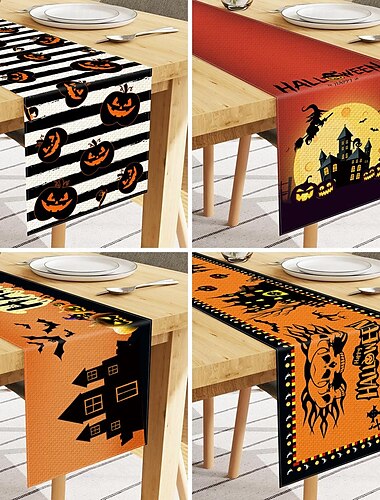  Halloween-Tischläufer aus Leinen, Party-Dekor für Wohnzimmer, Esstische, Küchen- und Restaurant-Dekor, Teefahnentuch