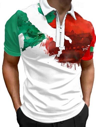  Voor heren Italiaanse vlag Poloshirts met rits Golfshirt Korte mouw Poloshirt Overhemden met kraag Casual Streetwear Vakantiekleding Feestoutfits 3D-afdrukken Polo met kwartrits Wit Leger Groen Rood