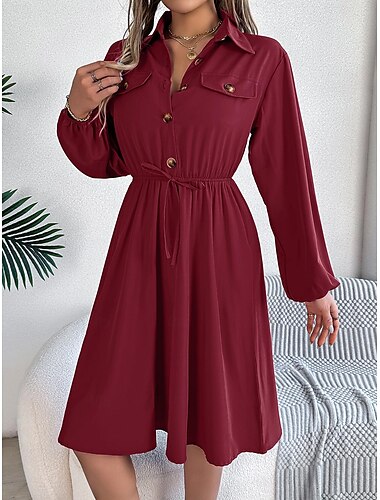  Damen Arbeitskleidung A Linie Kleid Modisch Täglich Arbeitsmode Bischof Midikleid Gefaltet Taste Hemdkragen Langarm Glatt Regular Fit Schwarz Wein Khaki Frühling Herbst S M L XL