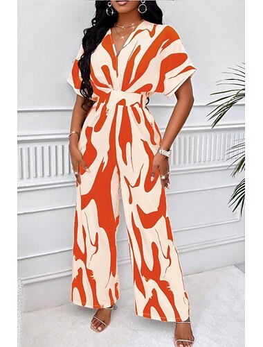  Damen Normal Jumpsuit Elegant Farbblock Kurzarm Schmetterling V Ausschnitt Bedruckt Arbeit Täglich Regular Fit Weiß Orange Braun Sommer