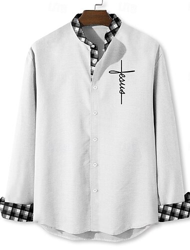  Herren Jesus Hemd Knopfhemd Langarm Vintage Brautkleider schlicht Urlaub Täglich Sommer Frühling & Herbst Stehkragen Knopf hoch 3D-Druck Weiß Blau Khaki Grau