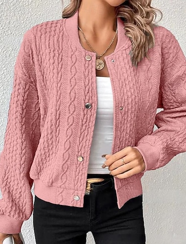  Damen Freizeitjacke Alltagskleidung Ständer Taste Feste Farbe warm halten Modisch Lockere Passform Oberbekleidung Langarm Frühling Schwarz S