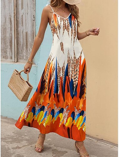  Abito Maxy da Donna Abito da Sole Abito Floreale Abito Estivo Bohemien Stile Florevole Vacanza Casual Appuntamento Vestibilità Larga Pittura ad Olio Senza Maniche V Collo Nero Blu Arancione Verde