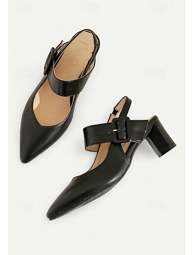  Women's Beige and Black Slingback Block Heel Pumps with Buckle – Elegant Pointed Toe Dress Shoes for Office and Formal Events
