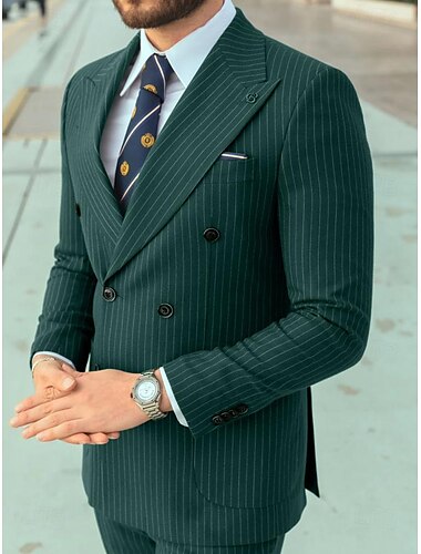  Trajes de fiesta para hombres verde oscuro a rayas ajuste a medida 2 piezas de doble botonadura seis botones