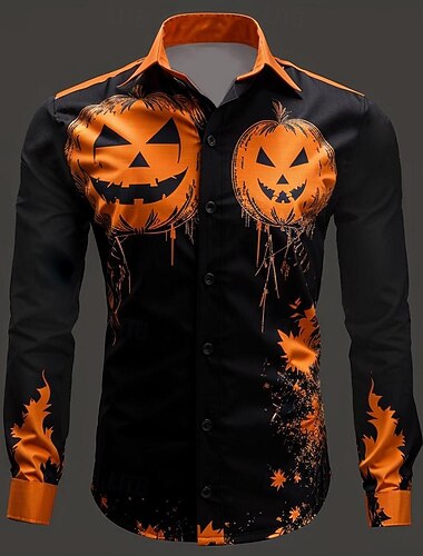  Halloween Zucca Smorfia Informale Per uomo Camicia con bottoni Manica lunga Da sera Autunno Inverno Primavera estate Collo ripiegabile Colletto Abbottonare Stampa 3D Sottile Arancione Poliestere