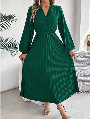  Damen Arbeitskleidung A Linie Kleid Modisch B¨¹ro Arbeitsmode Bischof kleid lang Gefaltet V Ausschnitt Langarm Glatt Regular Fit Schwarz Wein Braun Frühling Herbst S M L XL