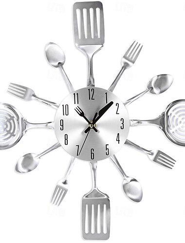  3D Wall Clock Kitchen Metal Fork Knife Clock Decorative Silver