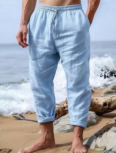  Homme Pantalon en lin Pantalon pantalon été Pantalon de plage Poche Cordon Taille elastique Plein Confort Respirable Extérieur du quotidien mode Hip hop Blanche Bleu