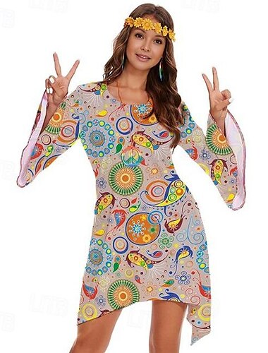  Retro Vintage 1970er 70er-Jahre Damenkostüm Glockenärmel Hippie Disco Grafik Rundhals Damen Halloween Karneval Maskerade Party Alltagskleidung Pride Parade Erwachsene Kleid Ganzjahres