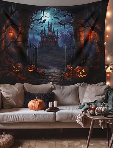  ハロウィーンの飾り、吊り下げタペストリー、ジャック・オー・ランタン、カボチャ、壁アート、大きなタペストリー、壁画、装飾、写真、背景、ブランケット、カーテン、自宅、寝室、リビングルーム、森、城