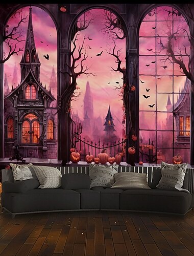  rosa Halloween-Dekorationen, Fensterbehang, Wandteppich, Wandkunst, großer Wandteppich, Wanddeko, Fotohintergrund, Decke, Vorhang, Zuhause, Schlafzimmer, Wohnzimmer, Dekoration
