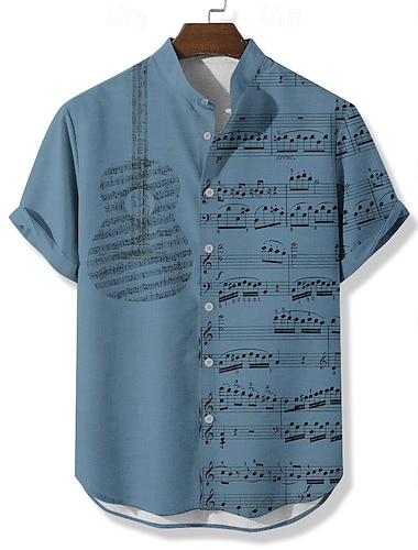 Herren Musik Gitarre Hemd Knopfhemd Kurzarm Vintage Lässig Täglich Sommer Frühling Stehkragen Großvaterkragen Knopf hoch Tasche 3D-Druck Blau Braun Khaki Beige