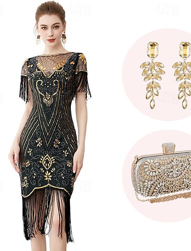  Rétro Vintage Années Folles Années 1920 Robe Charleston Costume de cosplay Tenues Gatsby le Magnifique Invité au mariage Paillettes Frange à pompons Femmes Noël Halloween Carnaval Halloween Fête
