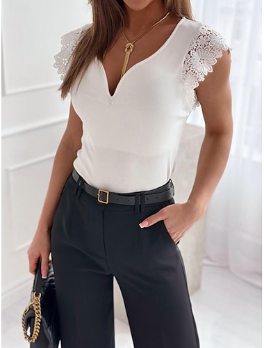  T Shirt Elegante Oberteile Damen Schwarz Weiß Glatt Spitze Strasse Täglich Modisch V Ausschnitt Regular Fit S