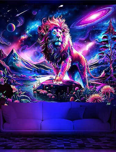  arazzo a luce nera reattivo ai raggi UV fosforescente festa fluorescente neon leone animale universo natura psichedelico trippy nebbioso arazzo appeso arte murale per soggiorno camera da letto