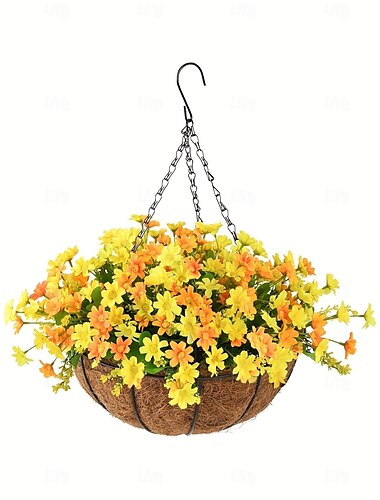  künstliche Hängeblumen im Korb – Dekoration für den Innen- und Außenbereich, Terrasse, Rasen, Garten, Gänseblümchenkorb mit 12-Zoll-Blumentopf mit Kokosnuss-Innenfutter und Kette