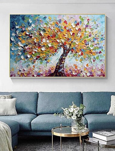  Pintado a mano, pintura al óleo original de árbol en flor sobre lienzo, arte de pared grande, textura abstracta, pintura de flor azul, decoración de pared, decoración de pared para sala de estar sin