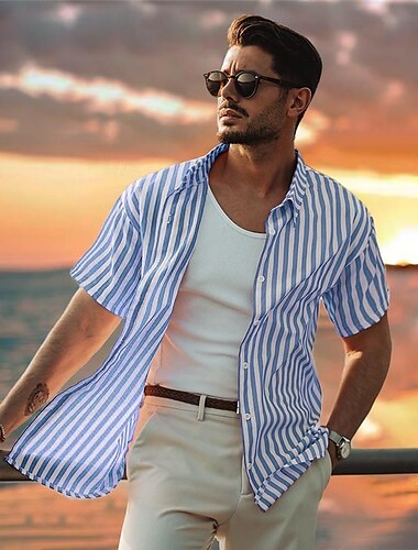  Voor heren Overhemd blauw Korte mouw Gestreept Strijkijzer Overhemdkraag Werk Sport & Outdoor Knop Kleding 100% katoen Vakantie Dagelijks Casual / Dagelijks