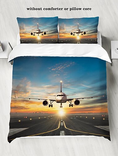  Juego de funda nórdica con pista de atardecer y cielo de avión - incluye funda nórdica y fundas de almohada - impresionante diseño de avión y puesta de sol - tela suave y cómoda