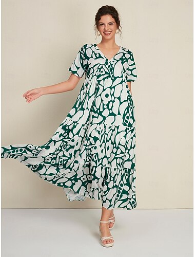  Femme Robe Évasée Robe imprimée Vêtements de villégiature Robe Maxi Vert Manches courtes Motif de bloc de couleur Fleur / Plantes Imprimé Longue Printemps été Col V Loisir XS S M