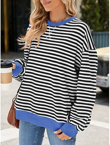  Damen Sweatshirt Pullover Casual Streifen Alltagskleidung Ausgehen Rundhals Print Langarm Schwarz Rot Blau Lila Frühling Herbst Winter