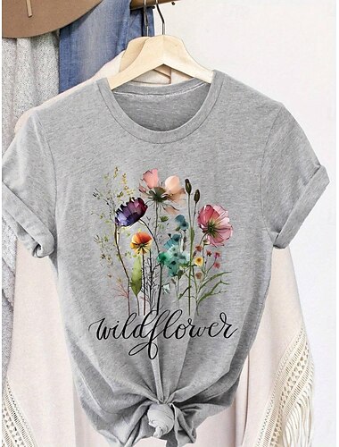  Damen T Shirt Blumen Modisch Brautkleider schlicht Kurzarm Rundhalsausschnitt Normale Oberteile Täglich Wochenende Bedruckt Grau Sommer