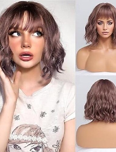  Ombre Blond Peruker för Kvinnor Kort Vågig Peruk med Lugg Asblond Bob Peruk med Mörka Rötter Medium Längd Naturligt Syntetiskt Hår för Dagligt Party  Cosplay Halloween Peruker
